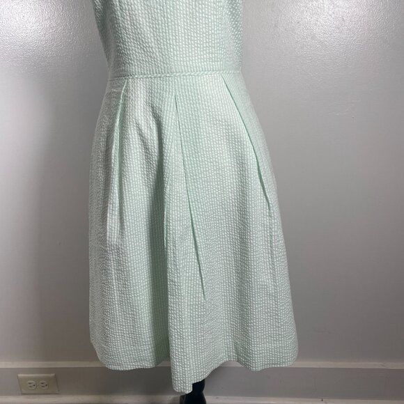 J. CREW A Line Dress Sz 0 Green White Seersucker Pleated Sleeveless Back Zip - Picture 5 of 16